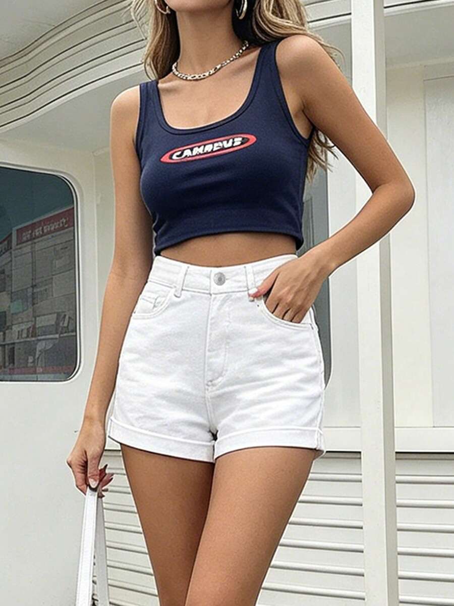 女款春夏休閒百搭時尚牛仔短褲,適合晚約會、度假、大學、旅行、日常出行、機場穿搭,白色 - 白色 - 查看 1