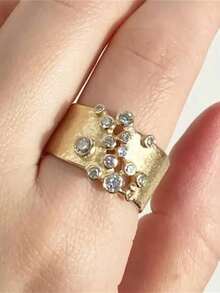 ZHIXUN 1pc Vintage Gold Color Creative Women's Ring With Wide Face Inlaid Synthetic Cubic Zirconia Fashionable Engagement, Wedding, Anniversary Exquisite Elegant Jewelry - Ring - View 5
