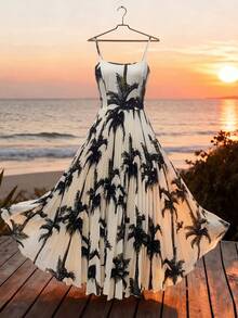 1件女士春夏棕榈树印花褶皱吊带连衣裙，度假款 - 彩色 - 查看 1