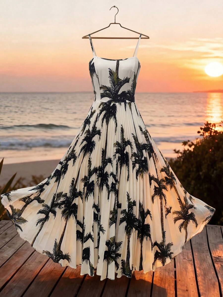 1件女士春夏棕榈树印花褶皱吊带连衣裙，度假款 - 彩色 - 查看 1