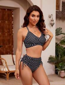 Women's High Waisted Bikini Sets, Crisscross Tie Back Drawstring Tummy Control Two Piece Swimsuits Bathing Suit - Polka Dot - 查看 4