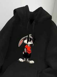 Men's Fleece Hoodie With Kangaroo Style, Comfortable, With Rabbit Design, Casual, Modern, Stylish For Autumn/Winter - Black - View 2