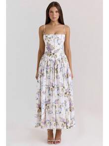 Elegant European Style White Corset Maxi Dress Women's Spaghetti Strap Pleated A-Line Formal Evening Dress - 粉色 - 查看 9