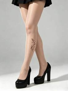 1双女士音符纹身图案丝袜，印花透明连裤袜，时尚仿纹身过膝长袜，创意音乐符号图案 - 杏色 - 查看 2