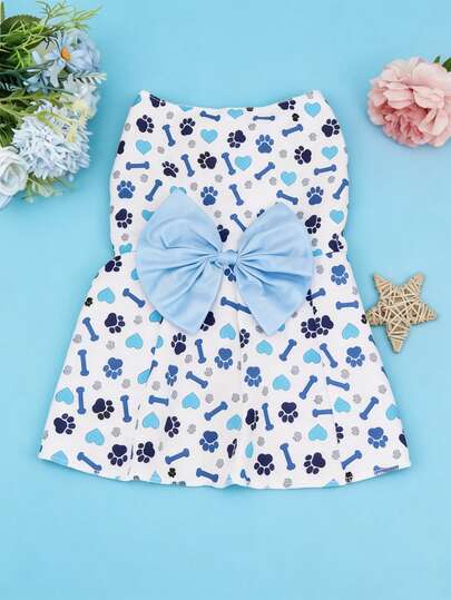 1pc Non-Stretch Lightweight Polyester Pet Dress With Cute Cartoon Bow Print, Suitable For Teddy Bear Wear All Year Round (This Item Has No Stretch, Please Order 1-2 Sizes Up From Your Normal Size)
