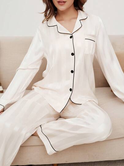2pcs Women Vertical Striped Textured Print Long Sleeve Top And Pants Pajama Set, Comfortable Collared Satin Finish Elegant Loungewear, Knit Cardigan With Black Button Pockets, Elastic Waist Pants, Suitable For All Seasons