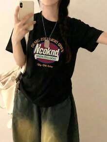 女款圓領短袖T恤，夏季新款字母印花，時尚休閒百搭寬鬆上衣，黑色 - 黑色 - 查看 8