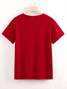 Blusa de mujer de manga corta con cuello redondo en azul marino con estampado versátil de leopardo y cereza - Rojo - Ver 2