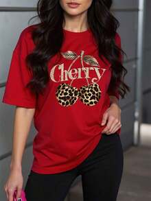 Blusa de mujer de manga corta con cuello redondo en azul marino con estampado versátil de leopardo y cereza - Rojo - Ver 6