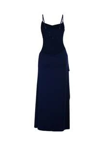 Vestido de verano azul marino con tirantes finos y textura con abertura para mujer, adecuado para citas, fiestas, bailes de graduación y eventos - Azul Marino - Ver 7