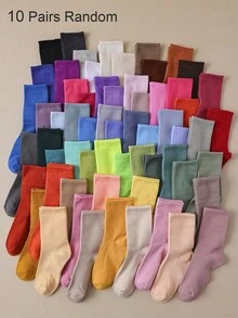 10 Pairs Random Color Women's Mid-Calf Socks, Collegiate Style Versatile Long Socks, Comfortable Soft Crew Socks, Best For Daily Wear Colorful Socks - Multicolor - View 5