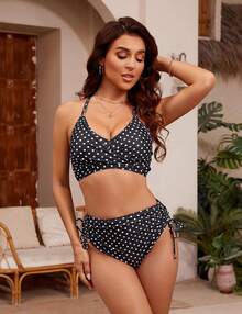 Women's High Waisted Bikini Sets, Crisscross Tie Back Drawstring Tummy Control Two Piece Swimsuits Bathing Suit - Polka Dot - 查看 5
