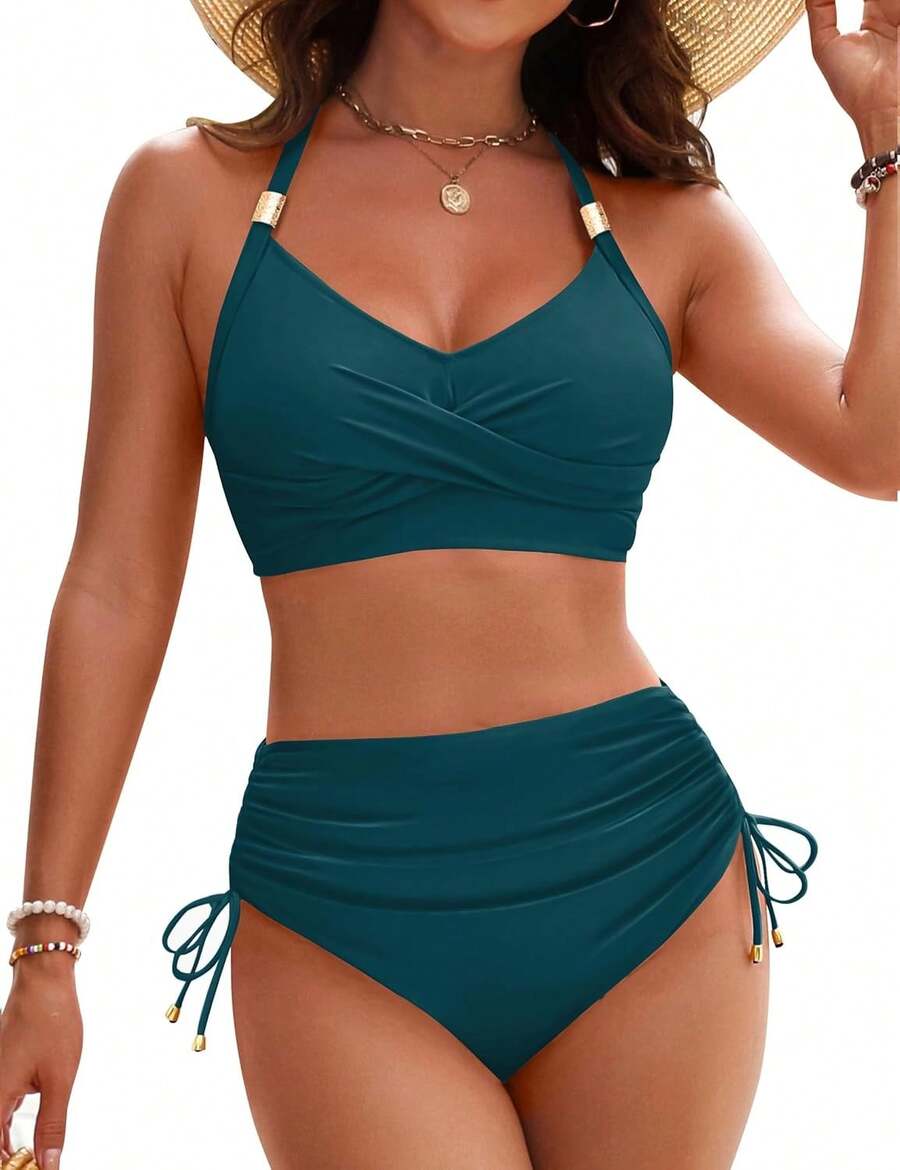 Women's High Waisted Bikini Sets, Crisscross Tie Back Drawstring Tummy Control Two Piece Swimsuits Bathing Suit - 金屬藍綠色 - 查看 1
