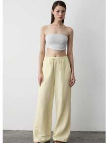 Women Linen Blend High Waist Drawstring Wide Leg Pants With Back Pockets Summer Casual Loose Trousers - Yellow - View 2