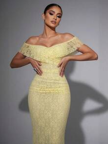 Women's Elegant Lace Ruched Slit Bodycon Open Shoulder Long Party Evening Dress, Suitable For Daily And Special Occasions Wedding Spring - Light Yellow - View 5