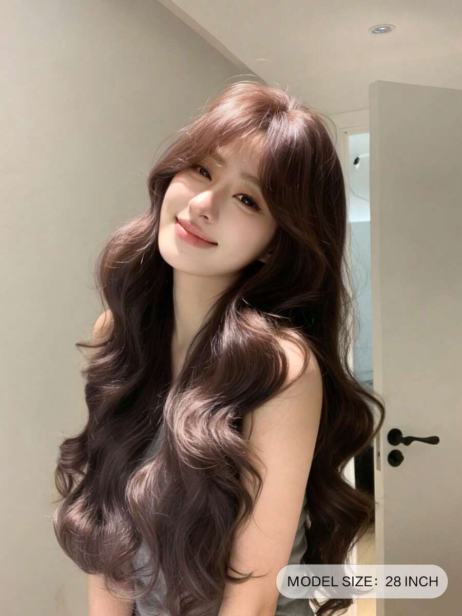 alicegarden 28-Inch Long Synthetic Wig Featuring A Natural Wavy Style In A A Stunning Chocolate-Brown. Designed With Bangs , This False Hairpiece Is Perfect For Ms Daily Party Cosplay Use, Offering A Natural And Natural Durable Wig Gift For Ladies. - Chocolate Brown - View 1