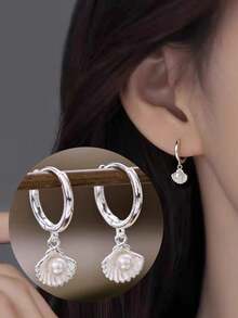 1 đôi, bông tai kim loại thiết kế vỏ sò giả ngọc trai kiểu Châu Âu, thích hợp cho các bữa tiệc, đám cưới, lễ đính hôn và đeo hàng ngày, mùa hè, trang sức. - Bạc - Xem 1