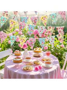 24pcs/2pcs Set Tea Flower Party Decoration Paper Triangle Pennant Outdoor Floral Decor Flags, Suitable For Spring/Summer Fairy Garden, Baby Shower, Wedding, Birthday, Bedroom Hanging Decor (12 Flags/Pack) - A - View 8