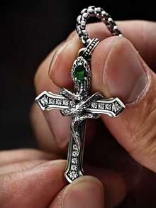 1pc Vintage Dark Edgy Snake Wrapped Cross Zirconia Inlaid Faux Diamond Distressed Copper Material Necklace, Retro Silver Color, Suitable For Daily Wear, Street, Hip-Hop Party, Gift - Antique Silver - View 9