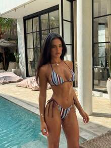女款優雅條紋泳衣套裝，適合春夏季海灘度假、海邊活動與時尚度假穿搭 - 彩色 - 查看 2