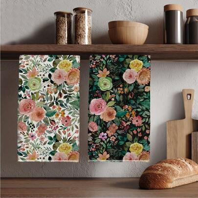 MEMNUN 2pcs Bohemian Black & White Watercolor Floral Pattern Kitchen Towels, 15.75*23.62in (40*60cm), Soft Microfiber Material, Dish Cloths, Hand Towels, Ideal For Kitchen & Dining Room Decor, All Season