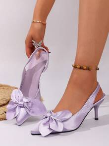 Giày sandal cao gót mũi nhọn thắt nơ tím, giày cao gót hở mũi mùa hè cho nữ, giày đi làm và giày phù dâu. - Màu Lilac Tím - Xem 1