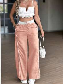 Pantalones de cintura alta, de color gris verdoso claro, holgados y de pierna ancha, estilo Y2K, pantalones casuales de corte  europeos y americanos, - Burdeos - Ver 2