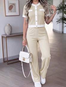 Conjunto casual de 2 piezas para mujer primavera/verano, diseño de bolsillo falso con botones de color contrastante, cuello redondo, manga corta y pantalones de cintura alta con ajuste relajado, elegante - Albaricoque 71 + Blanco - Ver 3