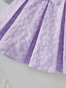 Young Girls' Spring/Summer Spaghetti Strap Floral Textured Pom Pom & Big Bow Decor Princess Dress - Purple - View 6