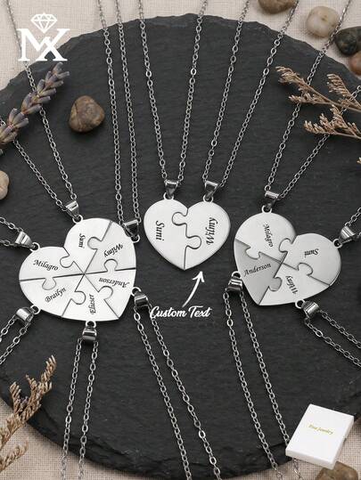 This Customized Necklace Features A Unique Design With Three Distinctive And Interesting Heart-Shaped Puzzle Stainless Steel Pendants. It Can Be Engraved With 1-6 English Names, Including Surnames. The Necklace Has A Fashionable Style, Vibrant Colors, And Combines Vintage, Unisex, Minimalist, And Casual Elements, Making It An Ideal Gift For Men, Women, Boyfriends, Girlfriends, Fathers, Mothers, Family, And Friends. It Is Suitable For Anniversaries, Birthdays, Graduations, Balls, Parties, And Various Occasions.