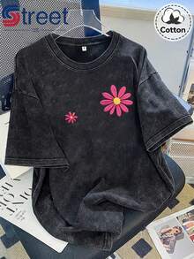 Summer Tops New Vintage Washed Cotton Distressed Short-Sleeve T-Shirt With American-Style Floral  Face Print, Plus-Size Women's Top, Loose Fit, Drop Shoulder, Round Neck, Oversize Style, Comfortable And Fashionable, Versatile For Commuting, Y2K Fashion Women's Clothing - 杏色 - 查看 8