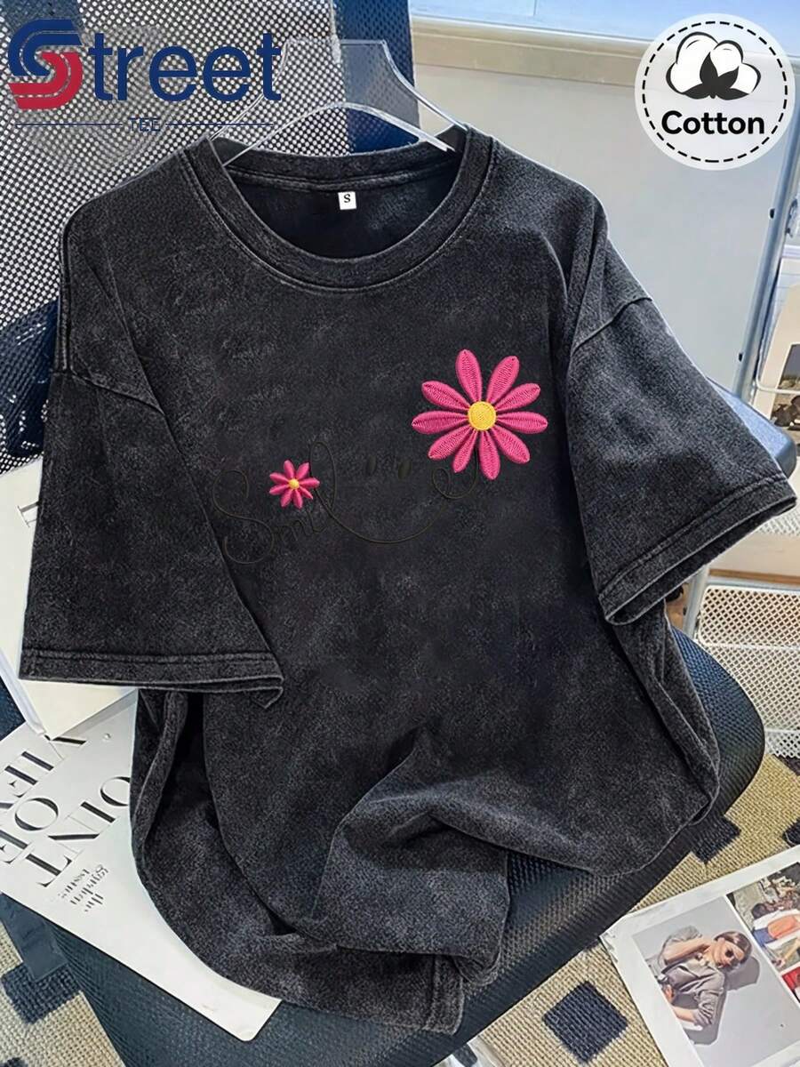 Summer Tops New Vintage Washed Cotton Distressed Short-Sleeve T-Shirt With American-Style Floral Face Print, Plus-Size Women's Top, Loose Fit, Drop S - 黑色 - 查看 1
