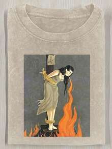 1pcs230g Washed, Fire Messenger Printed T-Shirt, High-Quality Wax Printed Pure Cotton Retro Fashion Brand, Men's Summer T-Shirt, Holiday Perfect Gift - 杏色 - 查看 12