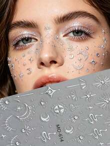 1pc European & American Style Star & Moon Eye Makeup Sticker, Green Rhinestone Silver Metal Sticker, Music Festival Metallic Atmosphere Eyeshadow Decor, Y2K, Face Glitter, Carnival, Face Sticker, 3D Sticker, Face Gems, Decorative Sticker - Multicolor - View 1