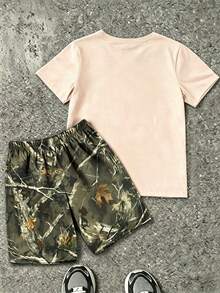 2pcs Boys' Set, Loose Fit Top With Flame Eye Print, Shorts With Dried Leaf All-Over Print, Soft & Comfortable, Suitable For Summer & Sports - Multicolor - View 2
