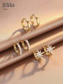 Hihho Bộ 6 chiếc bông tai khoen hình ngôi sao đính đá Cubic Zirconia lấp lánh tối giản, kết hợp với bông tai trơn một hàng đính đá Zirconia cổ điển, bộ quà tặng trang sức cao cấp. - Nhiều màu - Xem 9