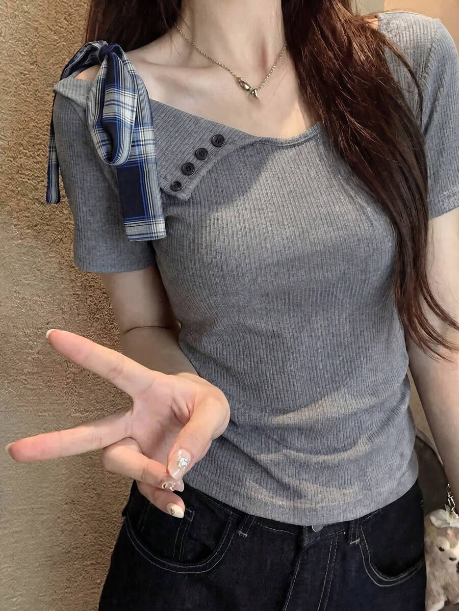 不对称蝴蝶结设计露肩短袖T恤,修身剪裁,适合夏季女士叠穿 - 灰色 - 查看 1