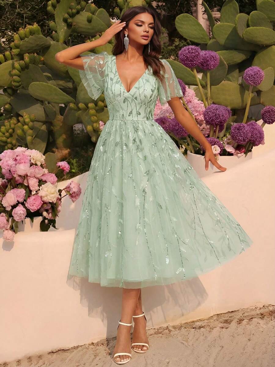 优雅蝴蝶袖亮片花卉婚礼宾客礼服，鼠尾草绿正式晚礼服，适合春季派对和盛大晚宴