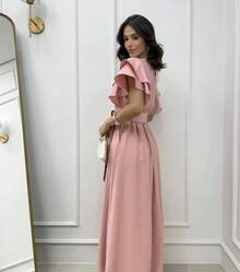 Duna Women's Long Midi Dress In Linen With Ruffle Sleeves And Belt - Baby Pink - View 2