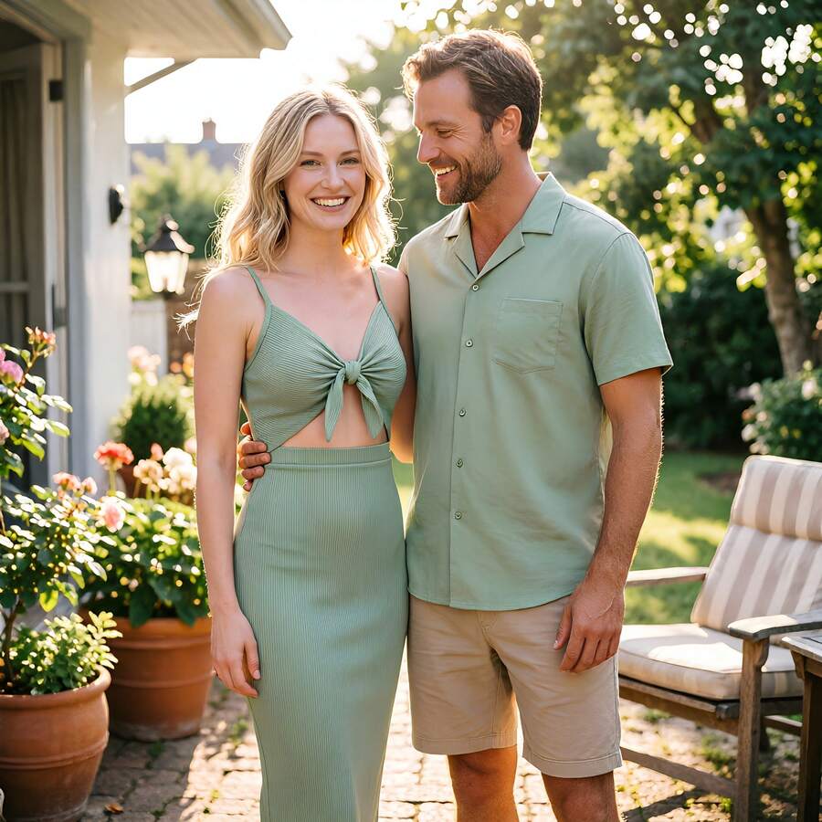 PatPat Couple Matching Outfits Men Short Sleeve Cuban Collar Shirt And Women Knot Front Cutout Midi Dress Summer Casual Beachwear Set - 淺綠 - 查看 1