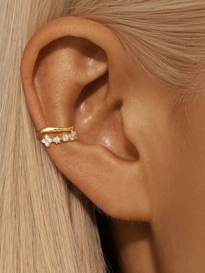 1Pc Exquisite Fashion 925 Sterling Silver 18K Gold Plated Octagram Petal Marquise Inlaid Cuff Earring, Gold, Low Allergy, Women Girls Daily Wear, Mother's Day Wedding Season Party Gift