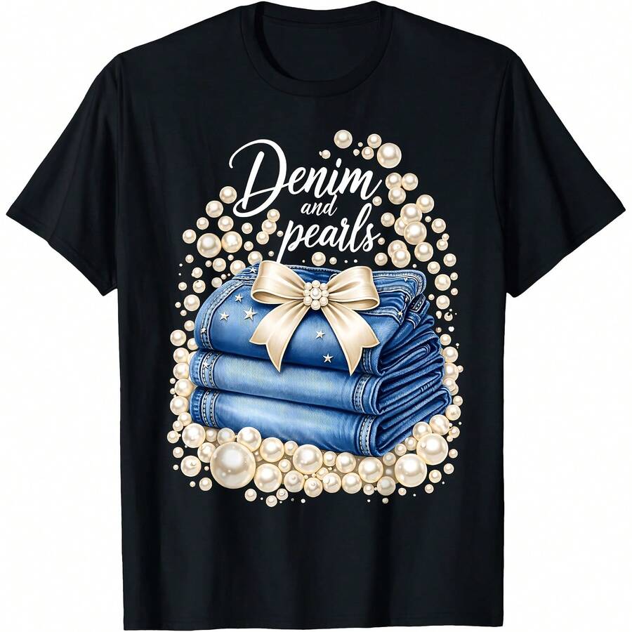 Denim With Pearls Mother's Day Outfit For Stylish Women T-Shirt - màu đen - Xem 1