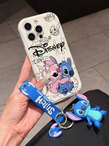Disney Lilo & Stitch Phone Case With Stitch Wrist Strap & 3D Plush Keychain, Cute Stitch & Angel Hugging Cartoon Print With Black Doodle Background, Shockproof Silicone Wave Edge Case With Hand Strap, Disney Stitch Phone Cover For IPhone 17, 16, 15, 14, 13, 12, And 11 Pro Models. Made Of Durable TPU With Shockproof Protection. A Fun Gift For Family, Friends, Birthdays, Holidays, And Special Occasions. - trắng - Xem 3