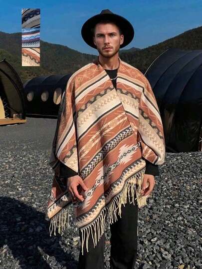 1pc Fringe Trim Open Front Poncho YMW1