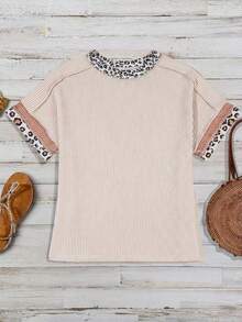 Plus Size Women Casual Short Sleeve T-Shirt With Leopard Print Trim Round Neck Top Summer - Apricot - View 2