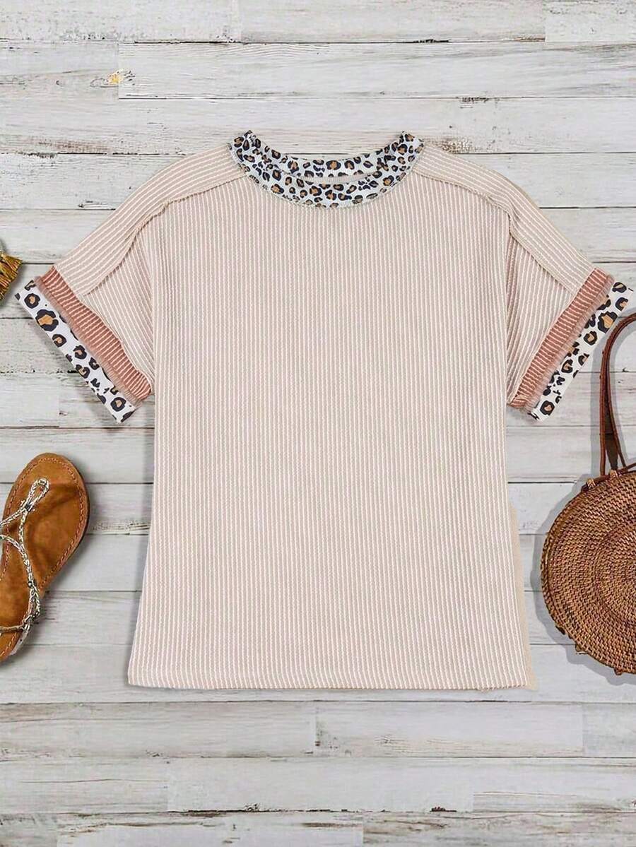 Plus Size Women Casual Short Sleeve T-Shirt With Leopard Print Trim Round Neck Top Summer