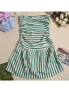 Vestido De Mujer, Falda De Rayas Delgadas Sin Espalda De Verano - Verde - Ver 4