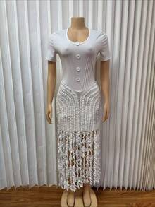 Elegant And Sophisticated Women's Short-Sleeve Fitted White Evening Gown; V-Neck Short-Sleeve Fitted Dress; 3D Fringe Hem Fitted Long Dress; Prom Dress; Wedding Guest Dress For Women; White Dress; Graduation Gown; Short-Sleeve Waist-Cinched Design; Unique Ruffled Skirt Hem; Exudes Elegance; Elegant Gown For Grand Parties; Women's Derby Dress; Women's Tea Party Dresses, Suitable For Parties, Gatherings, Proms, Concerts, Tea Parties, Gifts For Friends, Etc. - 白色 - 查看 4