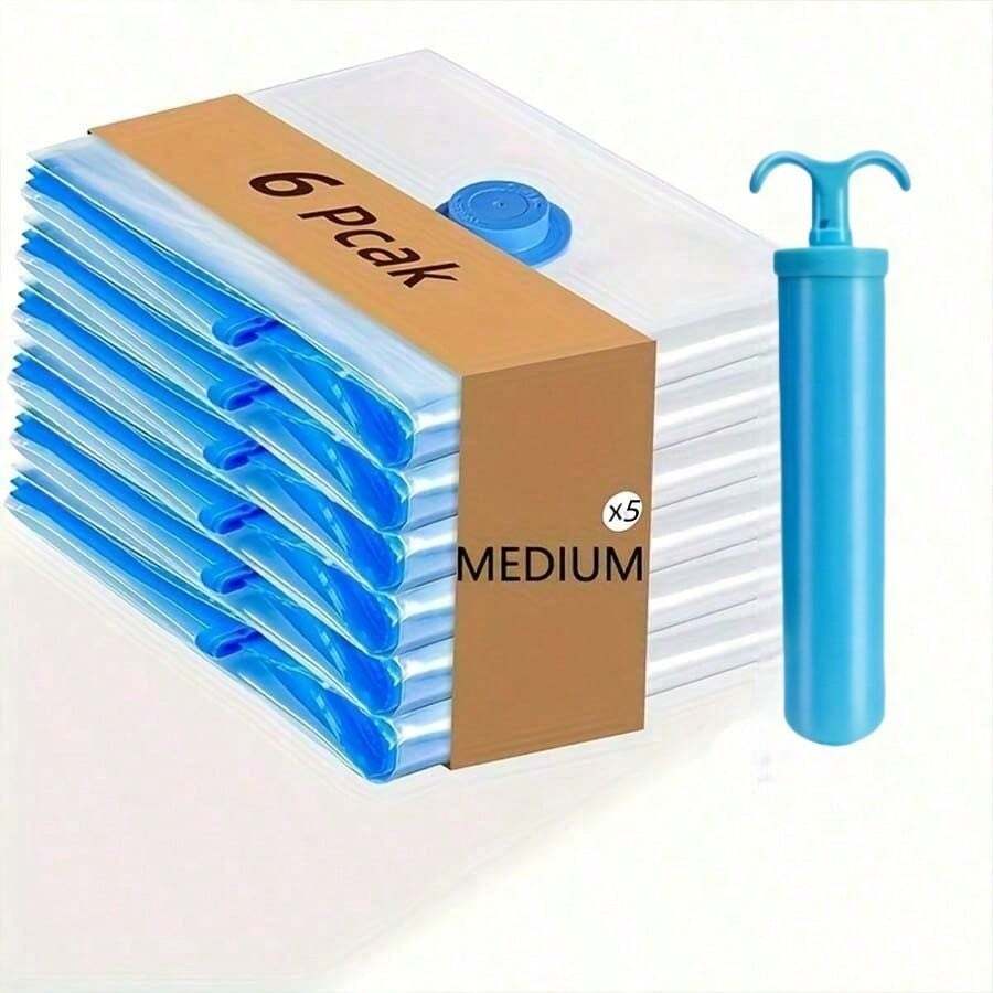 6pcs Extra Large Vacuum Storage Bags (With Manual Air Pump) - Space Saving Compression Set, Reusable, Suitable For Clothes And Bedding - Great For Dorm, Closet And Moving