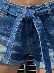 Shorts vaqueros para mujer, ajuste ceñido con mucha elasticidad con cinturón, dobladillo y puños desgastados - Azul - Ver 5